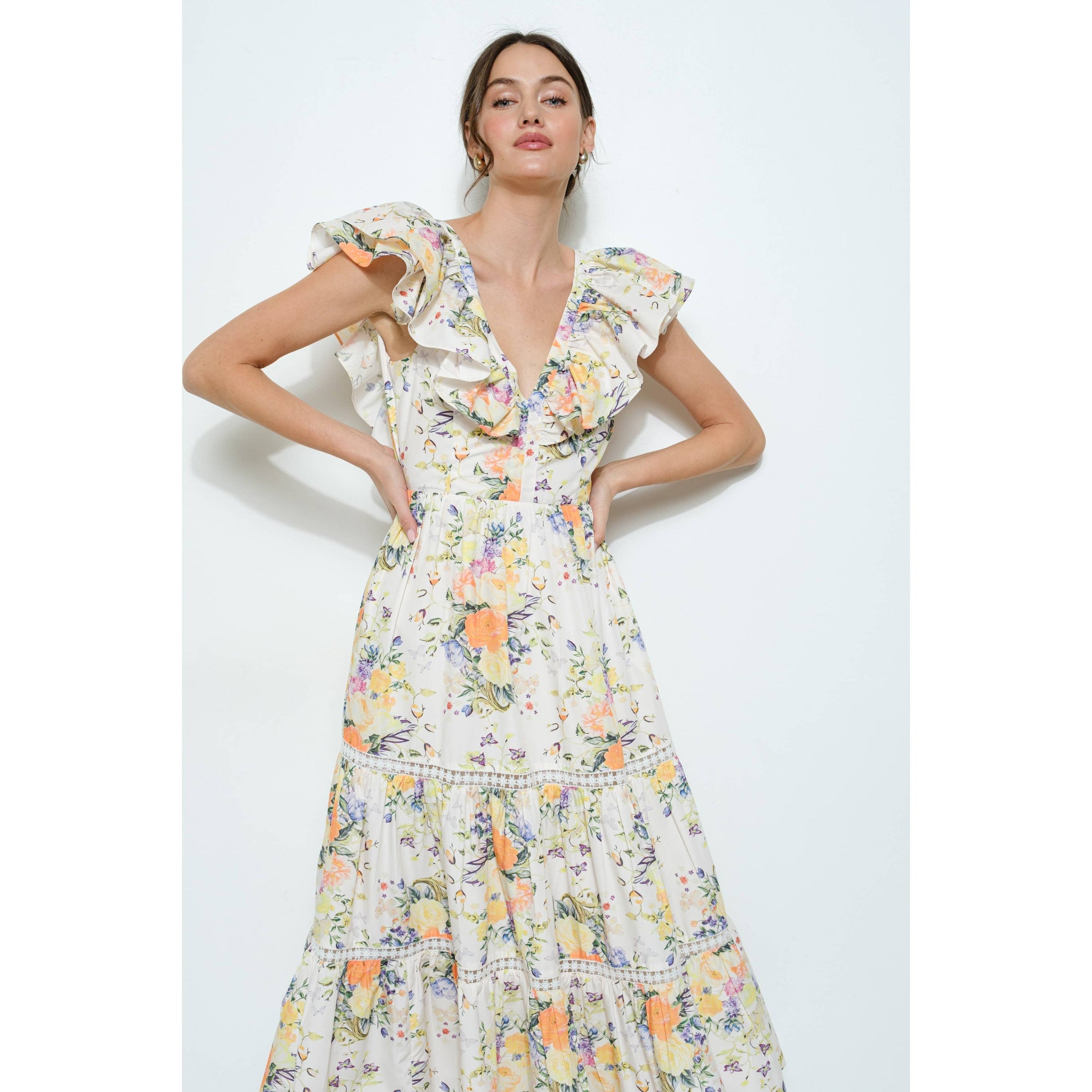 INA - Ruffle Sleeve Floral Open Back Midi Dress | Salsa Soleil Butik