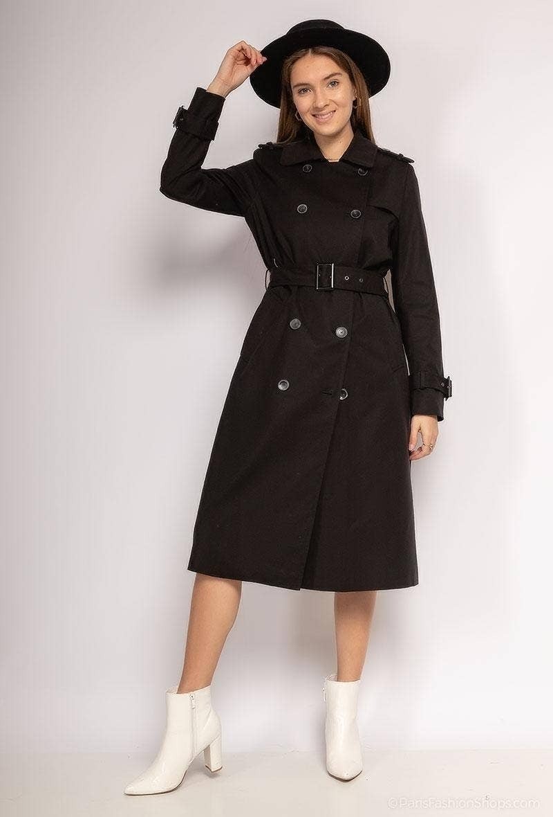 Attentif Paris Black Long Belted Trench Coat
